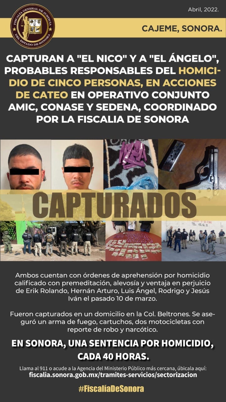 Por el homicidio de cinco personas en #Cajeme, #FiscalíaDeSonora coordina con Elementos AMIC, personal de CONASE, SEDENA, y detienen a dos probables multihomicidas tras acciones de cateo.